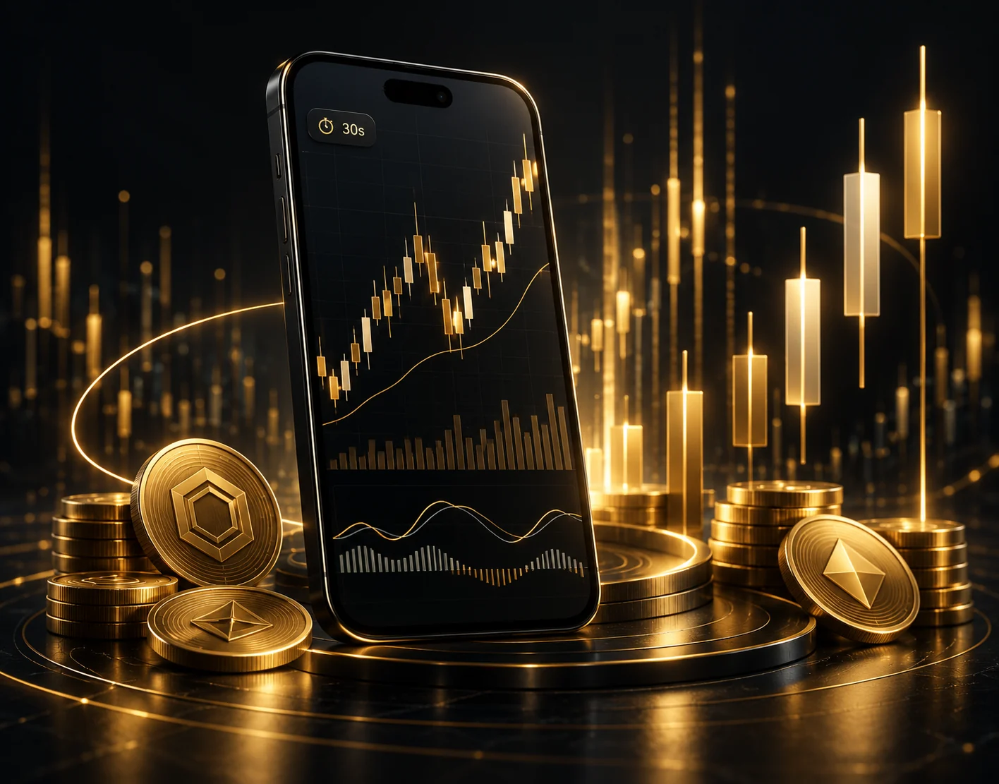 Black and gold illustration of mobile trading with a 30-second timer
